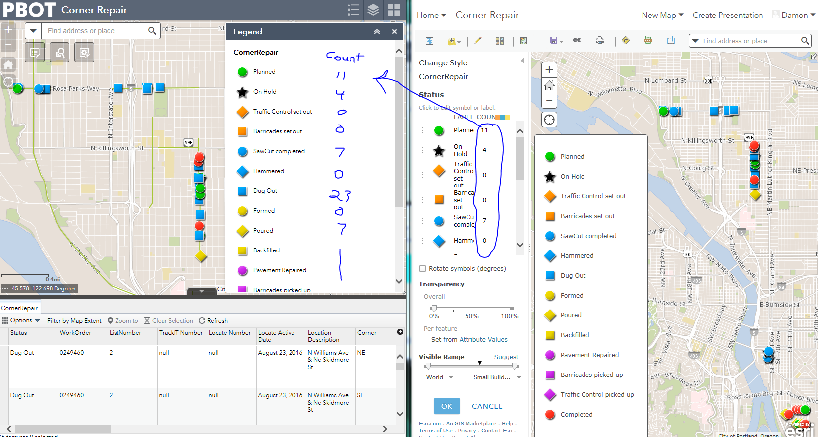 Either or both options of count in layer and count in current view.